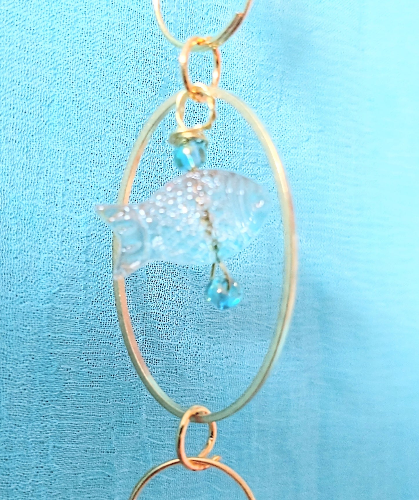 Handmade Suncatcher - GOLD WITH TURQUOISE BEADS, GLASS FISH AND TEARDROP PENDANT
