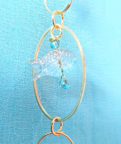 Handmade Suncatcher - GOLD WITH TURQUOISE BEADS, GLASS FISH AND TEARDROP PENDANT