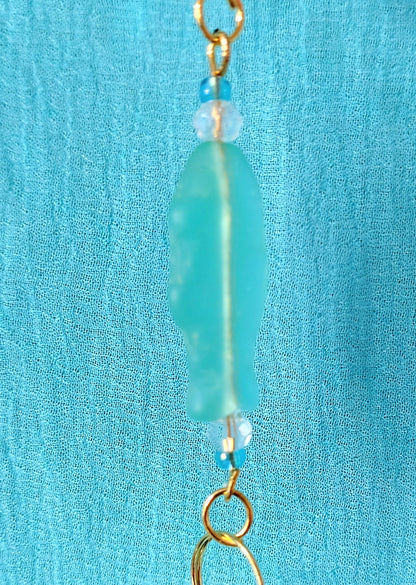 Handmade Suncatcher - GOLD WITH TURQUOISE BEADS, GLASS FISH AND TEARDROP PENDANT