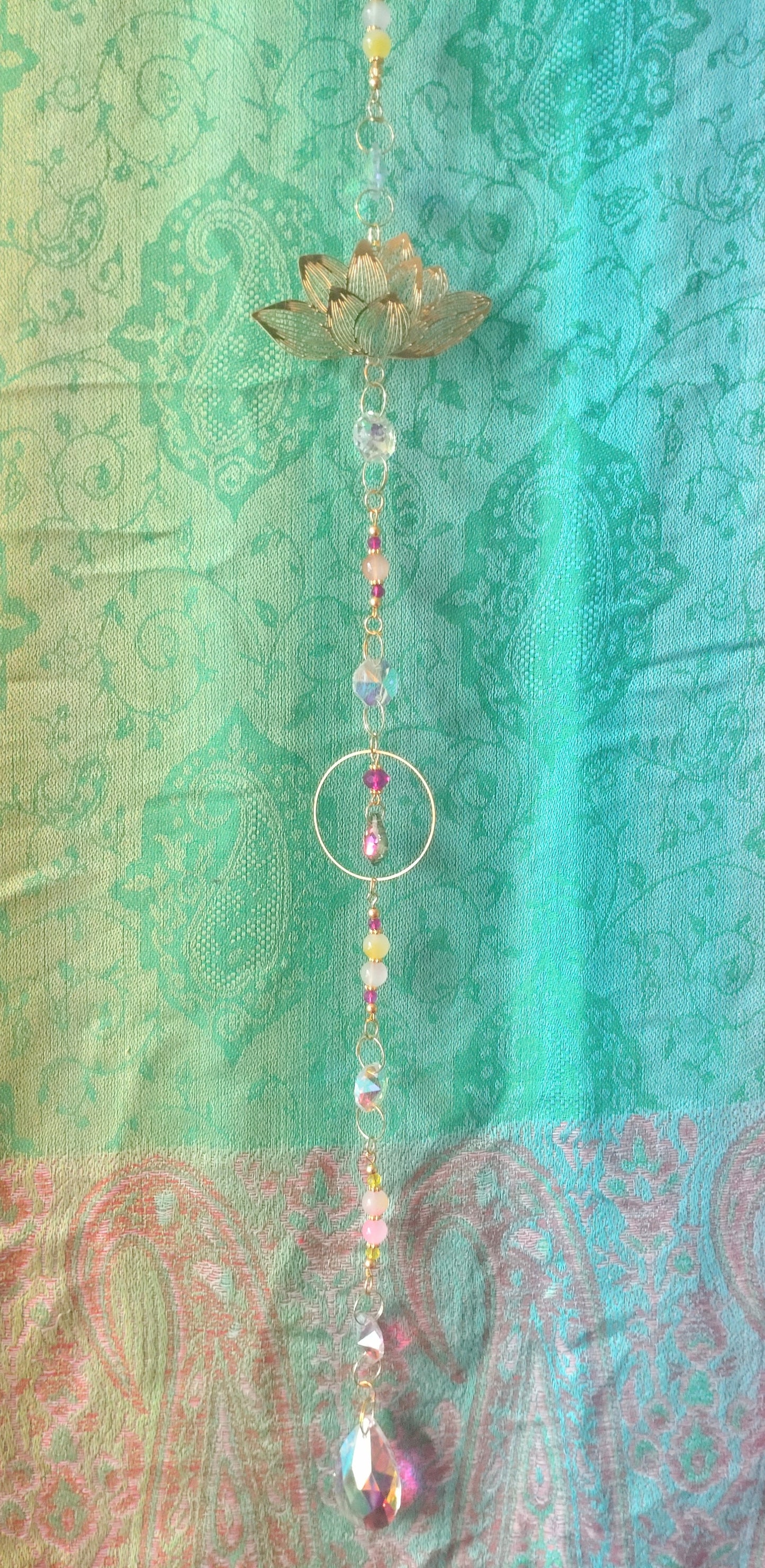 Handmade Suncatcher - GOLD LOTUS WITH PINK AND YELLOW BEADS