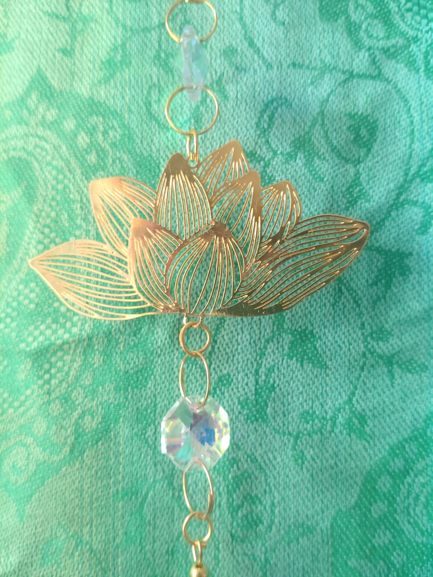 Handmade Suncatcher - GOLD LOTUS WITH PINK AND YELLOW BEADS