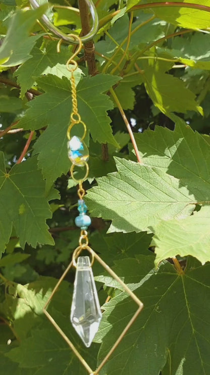 Handmade Suncatcher - GOLD WITH TURQUOISE BEADS AND GLOBE PENDANT