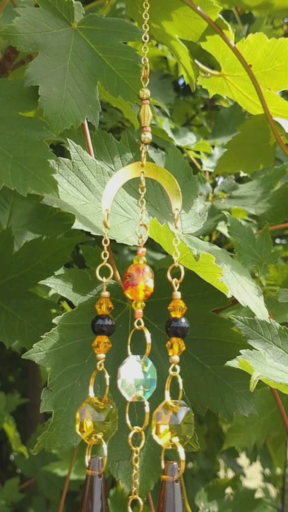 Handmade Suncatcher - GOLD CRESCENT WITH DARK AMBER DROPS, ORANGE BEADS AND BEE CHARMS