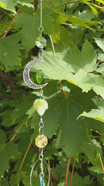 Handmade Suncatcher - SILVER GODDESS WITH GREEN LEAVES AND CHARM