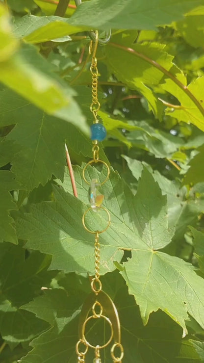 Handmade Suncatcher - GOLD SUN, MOON AND STARS WITH DARK BLUE BEADS