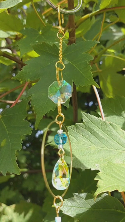 Handmade Suncatcher - GOLD WITH TURQUOISE BEADS, GLASS FISH AND TEARDROP PENDANT