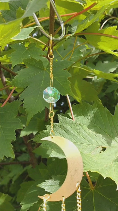Handmade Suncatcher - GOLD MOON WITH GOLD FLOWERS AND GREEN LEAVES