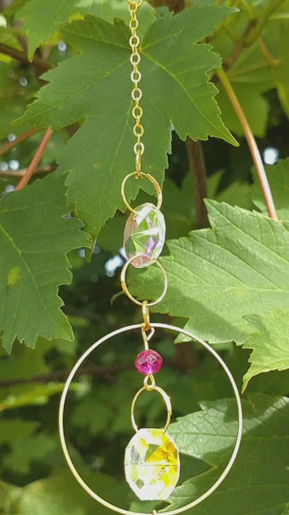 Handmade Suncatcher - GOLD WITH RAINBOW CRYSTALS, BEADS AND ORNATE DROP PENDANT