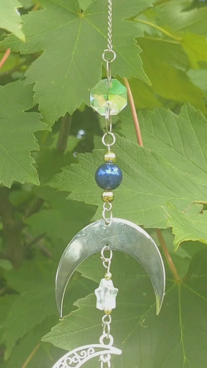 Handmade Suncatcher - SILVER SUN MOON AND STARS WITH BLUE AND GOLD BEADS