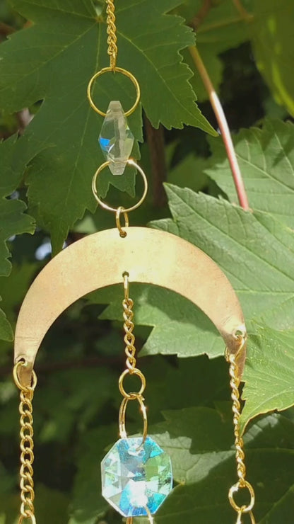 Handmade suncatcher - GOLD MOON WITH ORANGE BEADS, GOLD LEAVES AND SUN