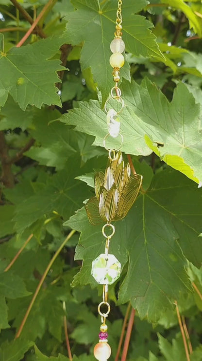 Handmade Suncatcher - GOLD LOTUS WITH PINK AND YELLOW BEADS