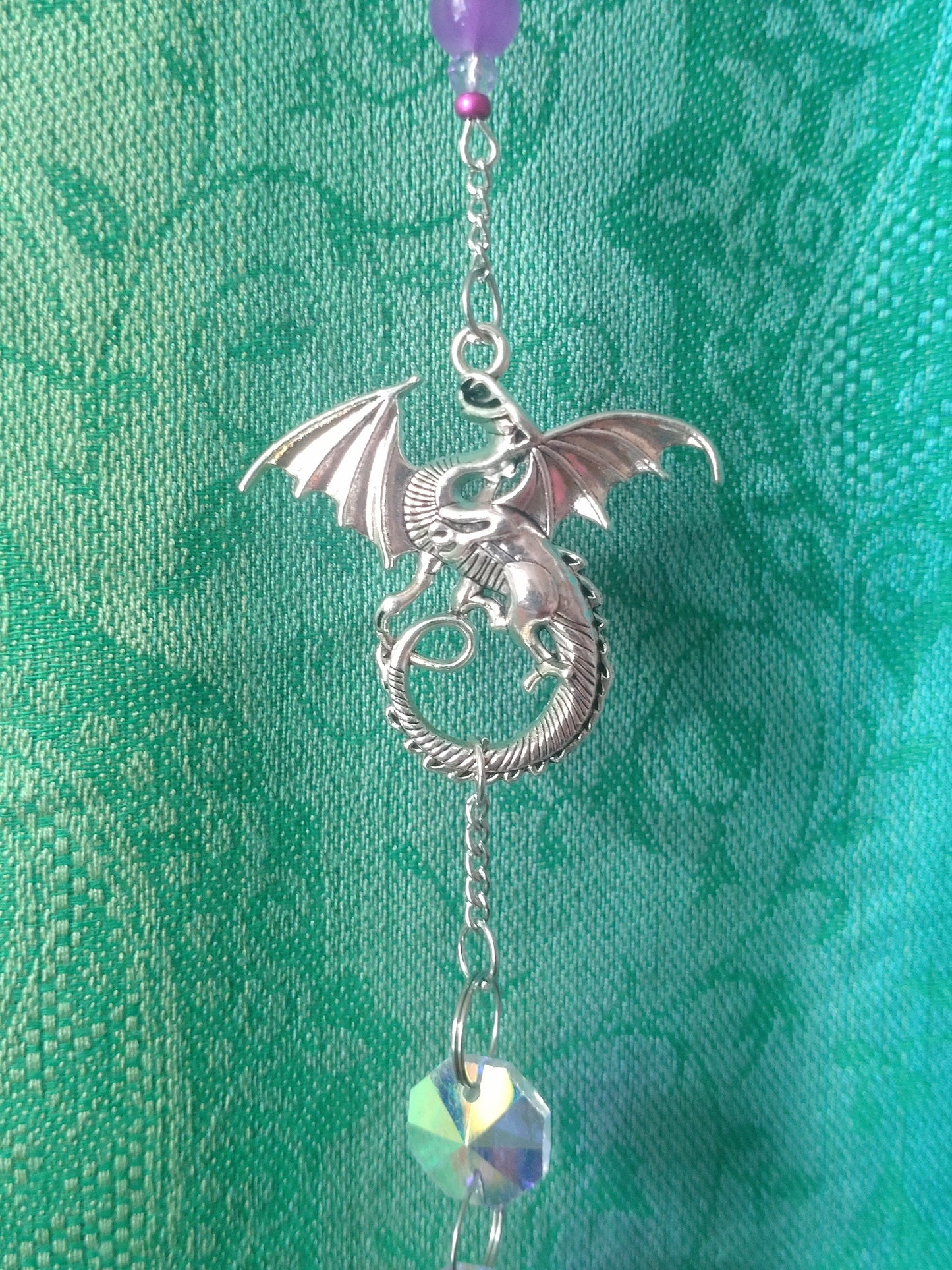 Handmade Suncatcher - SILVER DRAGON WITH PURPLE BEADS