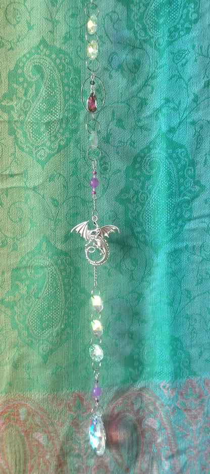 Handmade Suncatcher - SILVER DRAGON WITH PURPLE BEADS