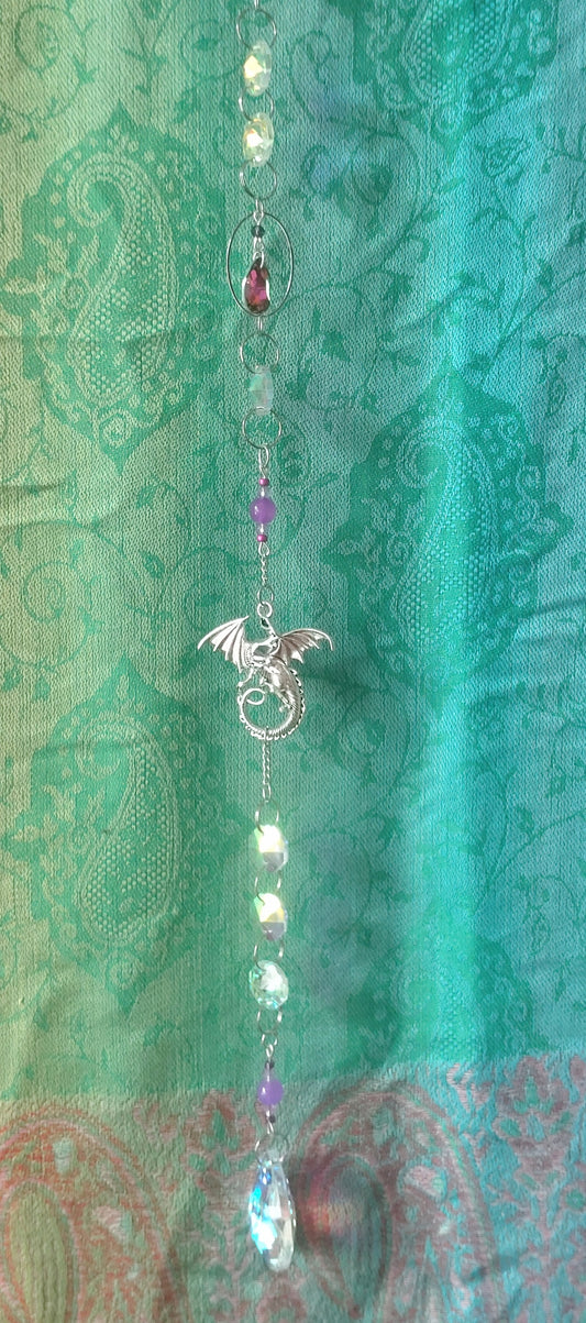 Handmade Suncatcher - SILVER DRAGON WITH PURPLE BEADS