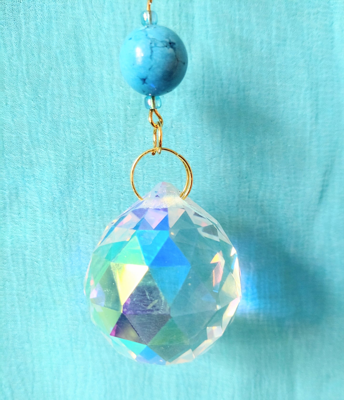 Handmade Suncatcher - GOLD WITH TURQUOISE BEADS AND GLOBE PENDANT