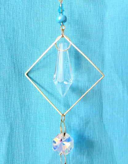 Handmade Suncatcher - GOLD WITH TURQUOISE BEADS AND GLOBE PENDANT