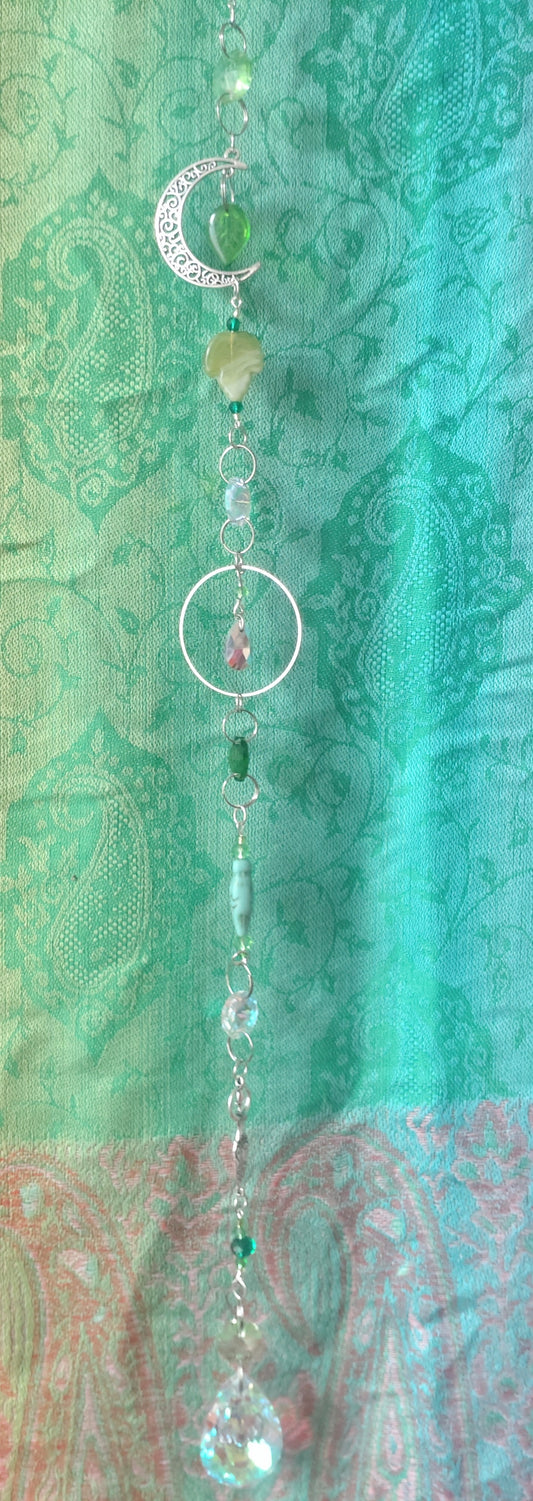 Handmade Suncatcher - SILVER GODDESS WITH GREEN LEAVES AND CHARM