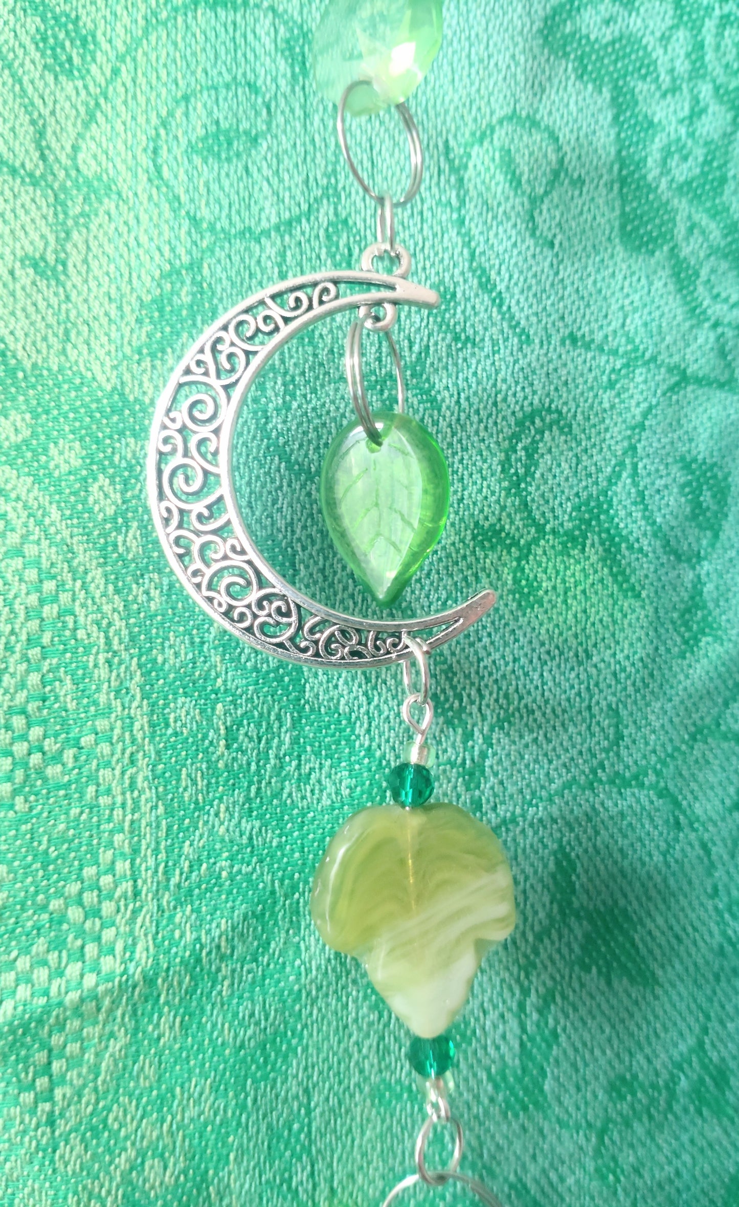 Handmade Suncatcher - SILVER GODDESS WITH GREEN LEAVES AND CHARM