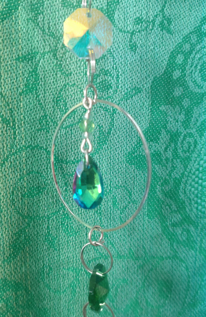 Handmade Suncatcher - SILVER GODDESS WITH GREEN LEAVES AND CHARM