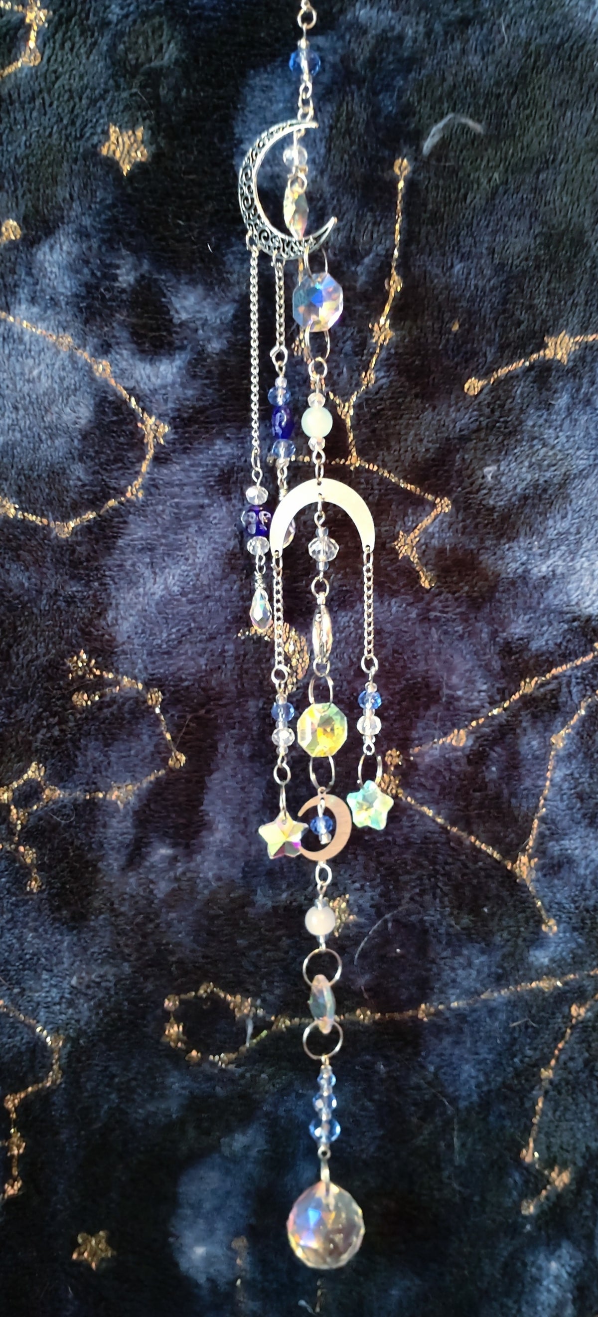 Handmade Suncatcher - SILVER MOON AND STARS WITH WHITE AND LIGHT BLUE BEADS