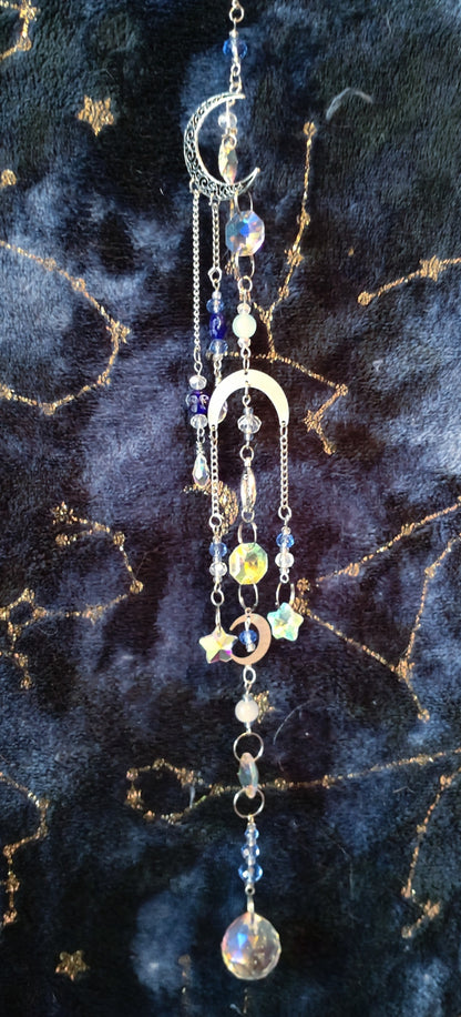 Handmade Suncatcher - SILVER MOON AND STARS WITH WHITE AND LIGHT BLUE BEADS