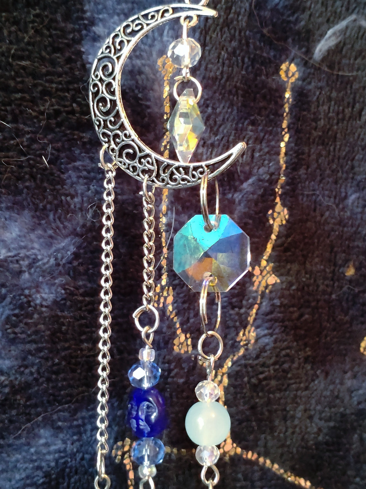 Handmade Suncatcher - SILVER MOON AND STARS WITH WHITE AND LIGHT BLUE BEADS