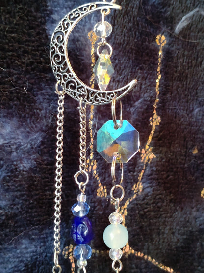 Handmade Suncatcher - SILVER MOON AND STARS WITH WHITE AND LIGHT BLUE BEADS