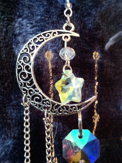 Handmade Suncatcher - SILVER MOON AND STARS WITH WHITE AND LIGHT BLUE BEADS
