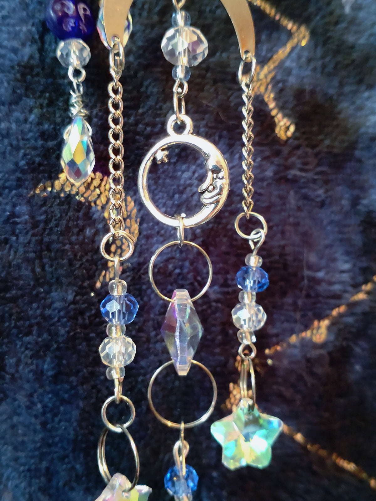 Handmade Suncatcher - SILVER MOON AND STARS WITH WHITE AND LIGHT BLUE BEADS