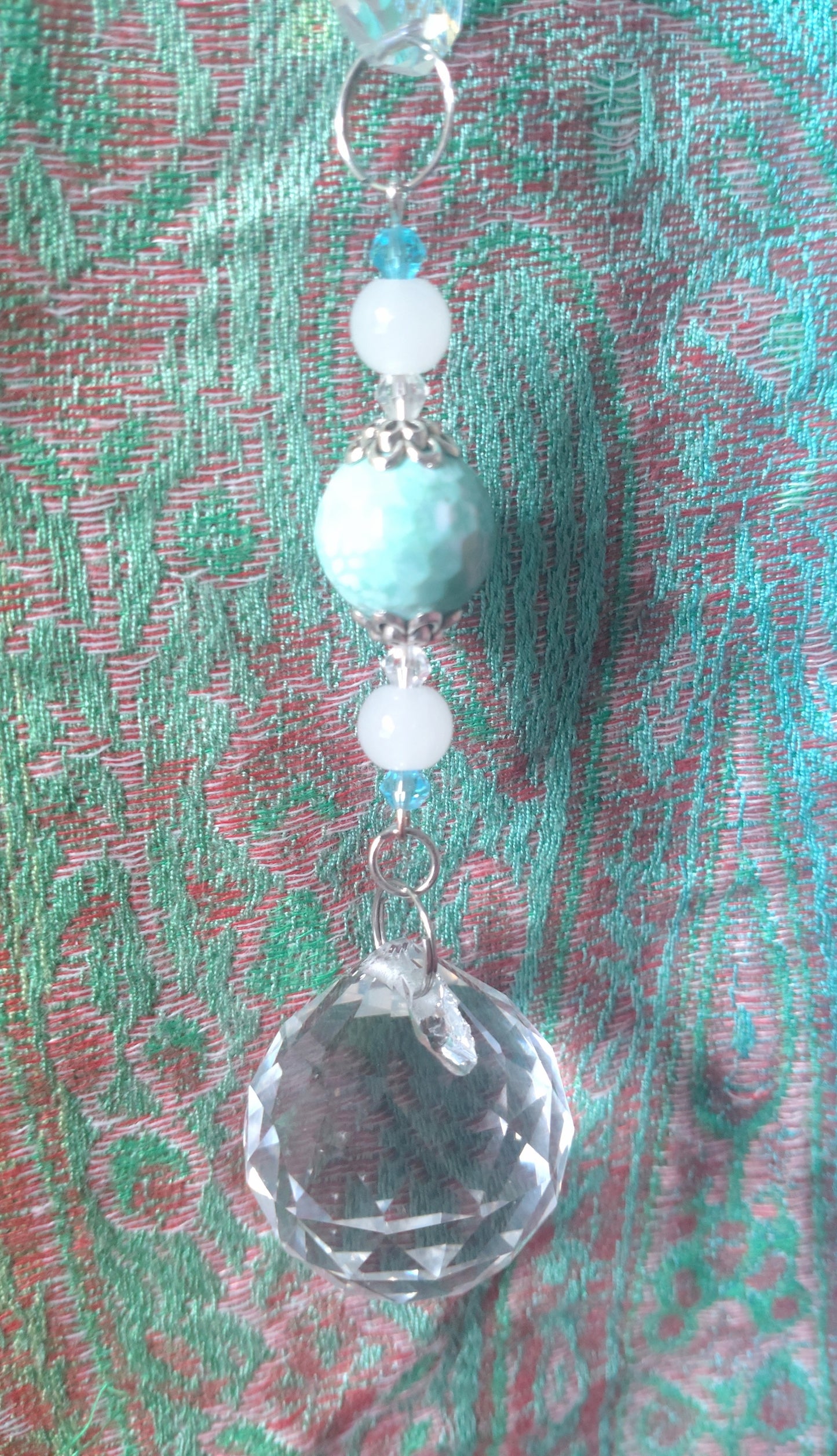 Handmade Suncatcher - SILVER WITH BLUE FISH, TURQUOISE BEADS AND DOUBLE GLOBES