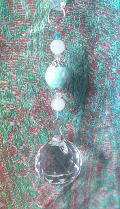 Handmade Suncatcher - SILVER WITH BLUE FISH, TURQUOISE BEADS AND DOUBLE GLOBES