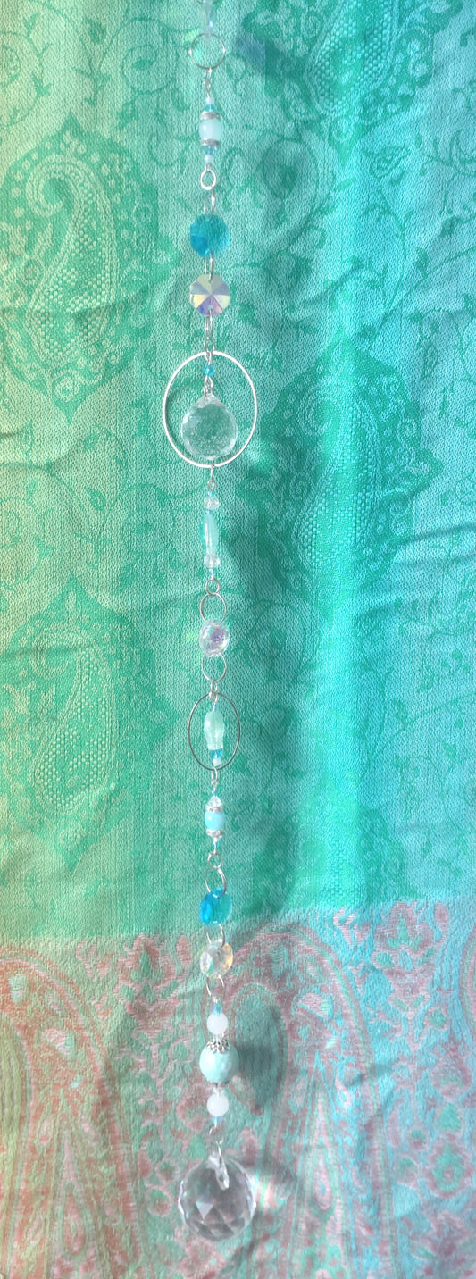 Handmade Suncatcher - SILVER WITH BLUE FISH, TURQUOISE BEADS AND DOUBLE GLOBES