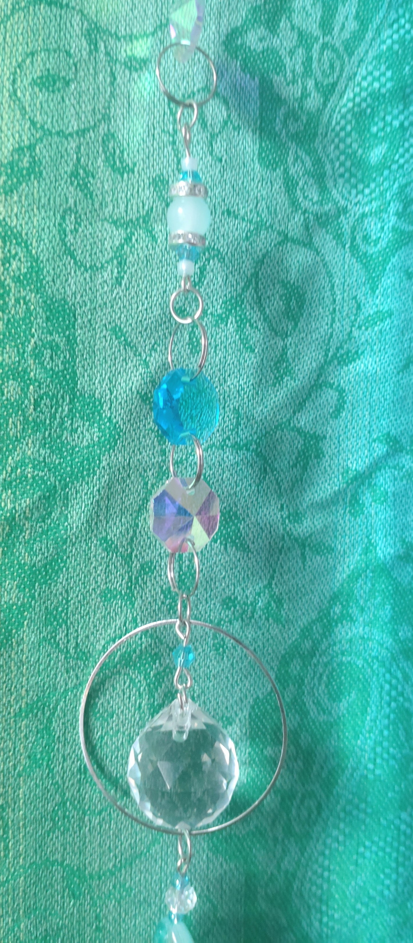 Handmade Suncatcher - SILVER WITH BLUE FISH, TURQUOISE BEADS AND DOUBLE GLOBES