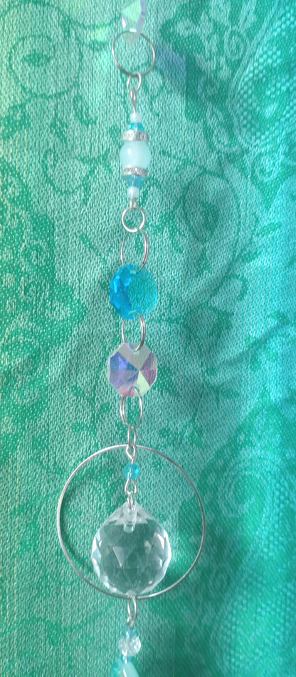 Handmade Suncatcher - SILVER WITH BLUE FISH, TURQUOISE BEADS AND DOUBLE GLOBES