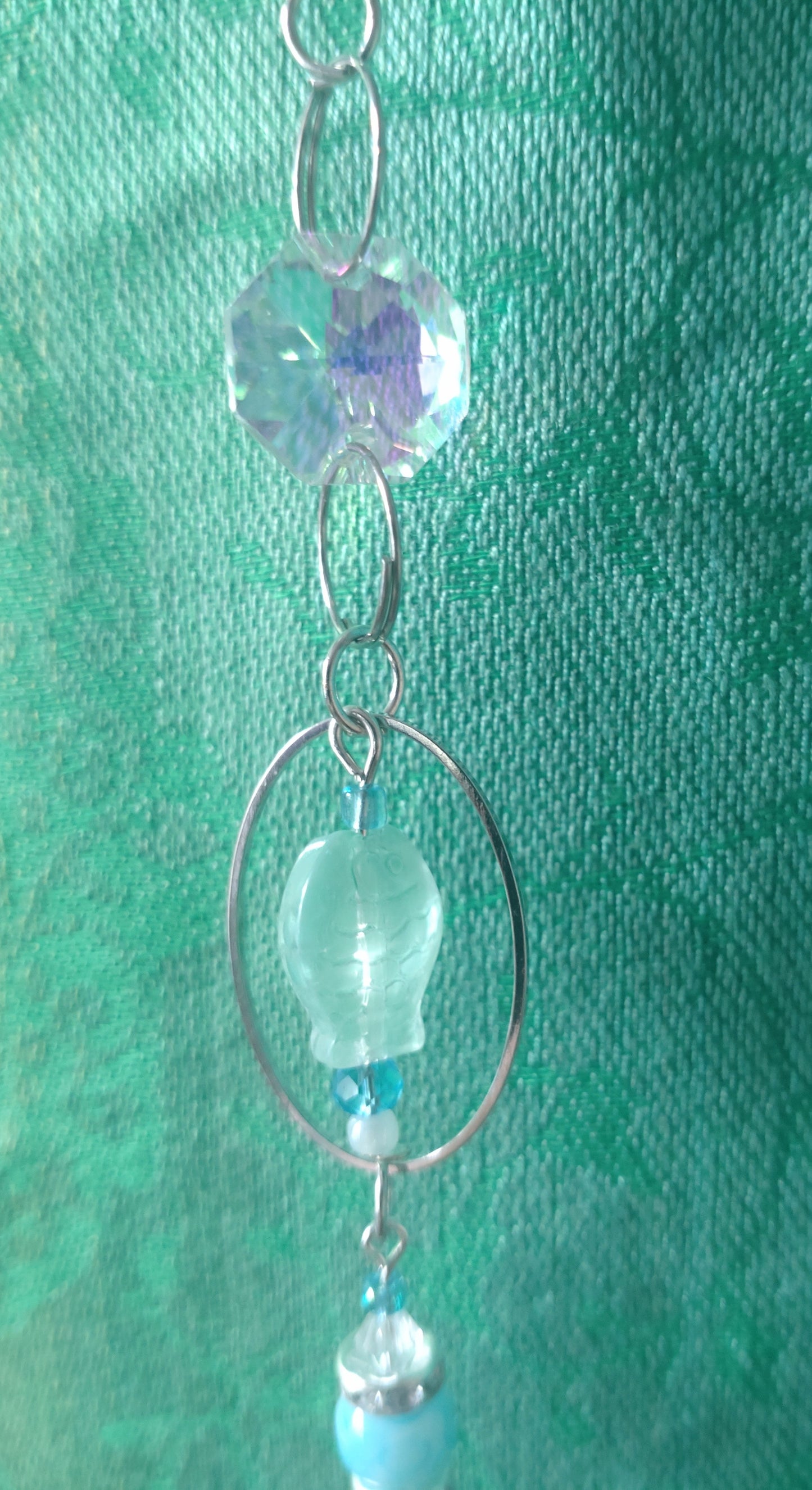Handmade Suncatcher - SILVER WITH BLUE FISH, TURQUOISE BEADS AND DOUBLE GLOBES
